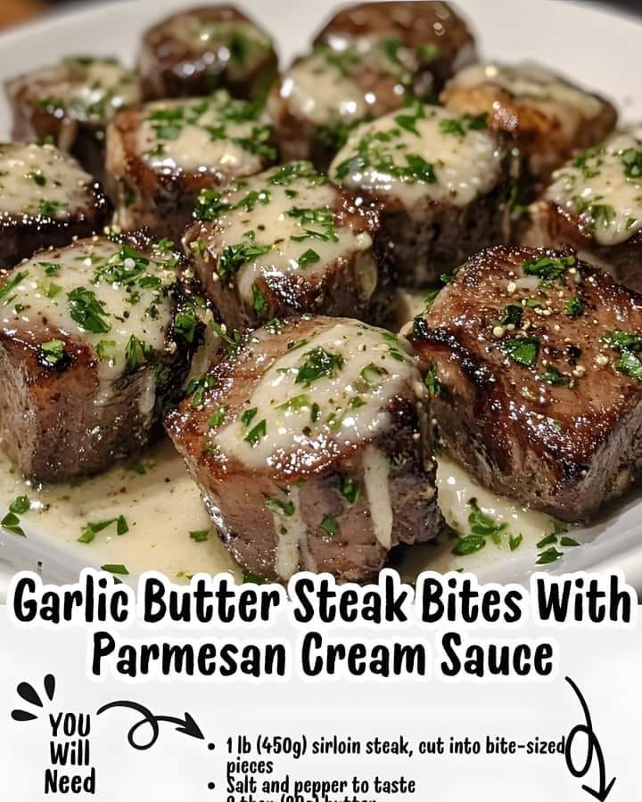 “Garlic Butter Steak Bites with Parmesan Cream Sauce