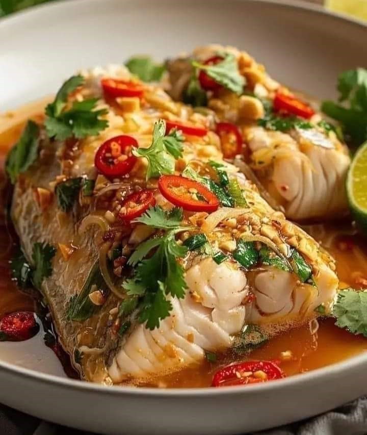 Steamed Fish with Spicy Lime and Garlic Sauce