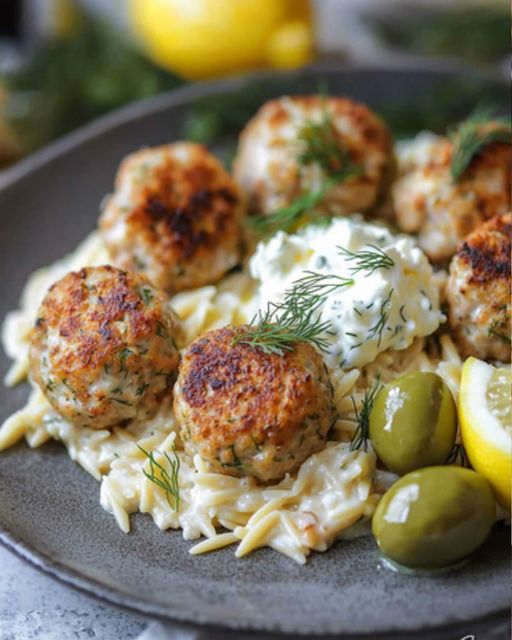 Greek Chicken Meatballs with Lemon Orzo & Feta Cream