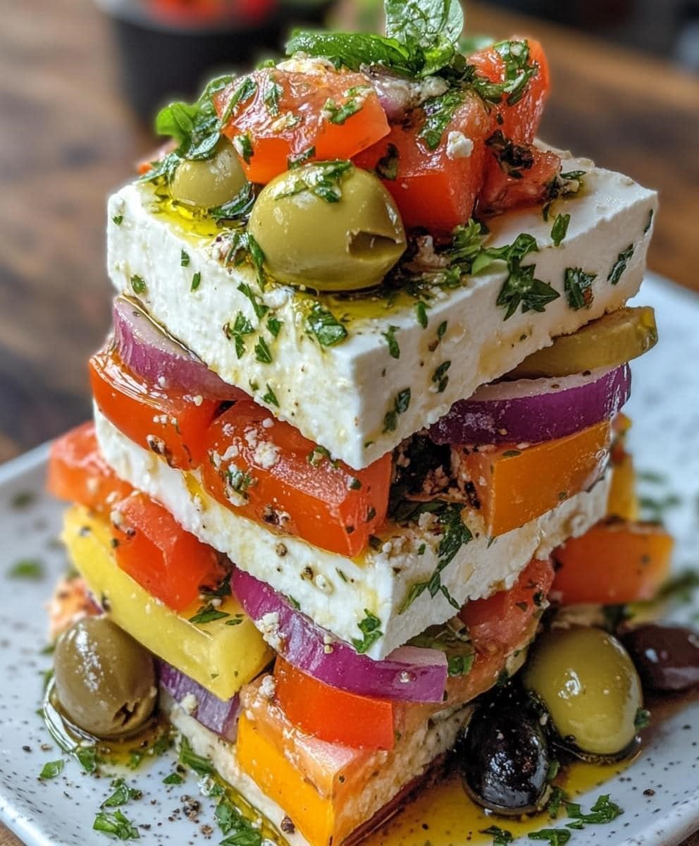 Greek Salad Stack with Feta and Olives