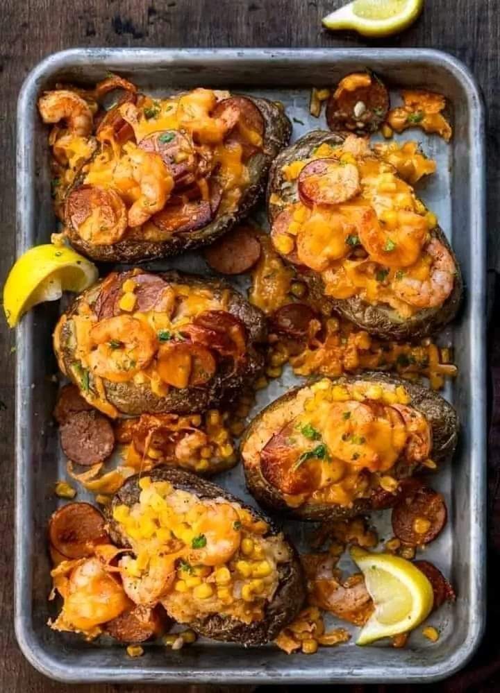 SHRIMP BOIL TWICE BAKED POTATO