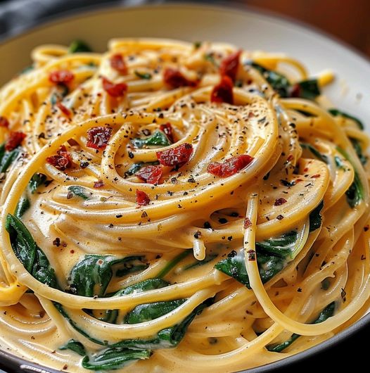 Spaghetti & Spinach with Sun-Dried Tomato Cream Sauce