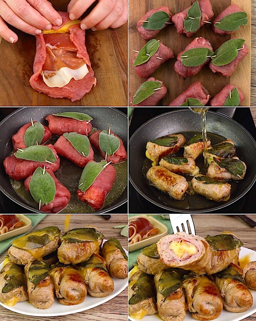 Stuffed veal: ham and cheese rolls in a pan