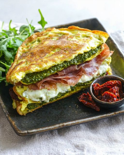 Omelette Sandwich with Pesto, Mozzarella and Raw Ham