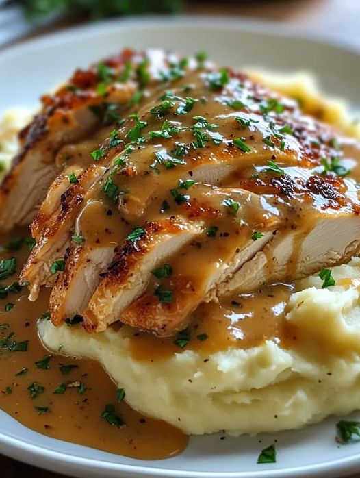 Savory Shredded Chicken with Creamy Gravy Over Mashed Potatoes!