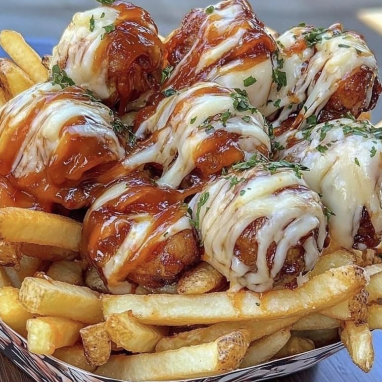 BBQ CHEESE DRIZZLED WINGS WITH FRIES