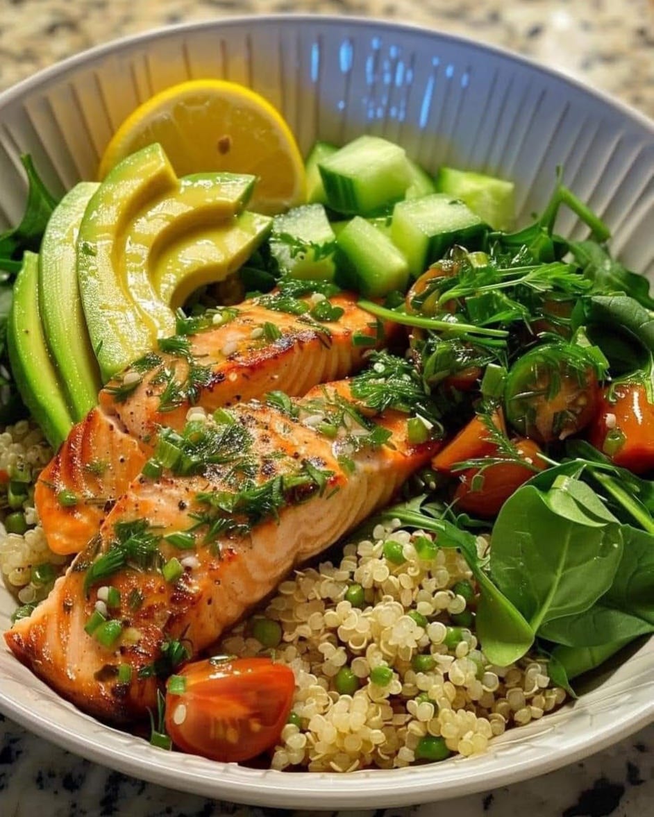 LEMON HERB SALMON AND AVOCADO QUINOA BOWL