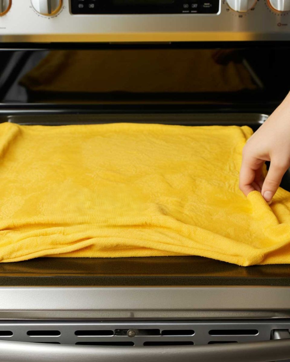 Lady wets a towel and spreads it over her glass stovetop for this brilliant reason