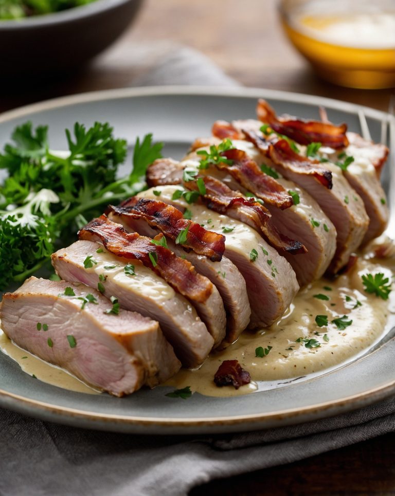 filet mignon in cream sauce with bacon slices