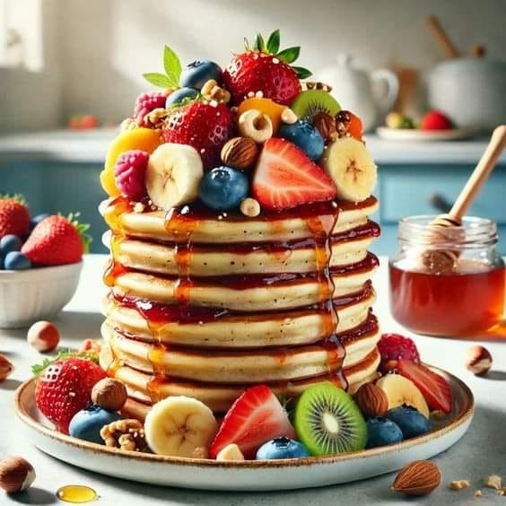 BOMBASTIC HEALTHY PANCAKES WITH NATURAL JAM, FRUITS AND NUTS