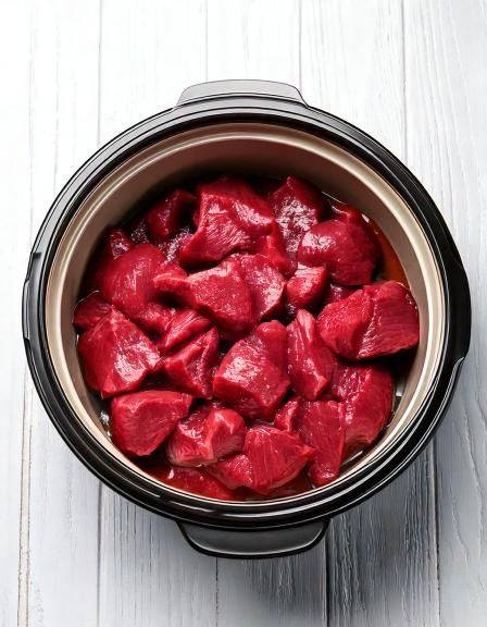 Put raw beef stew meat in a slow cooker with these 4 ingredients. The sauce is straight out of a French bistro.