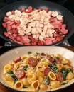 Creamy Sausage and Bacon Pasta Bake with Cheese and Spinach