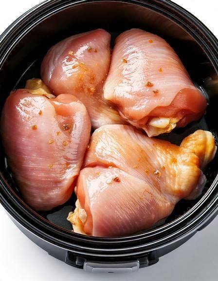 Put raw chicken thighs in a slow cooker with these 3 ingredients. The result is tender, sweet, and savory perfection.