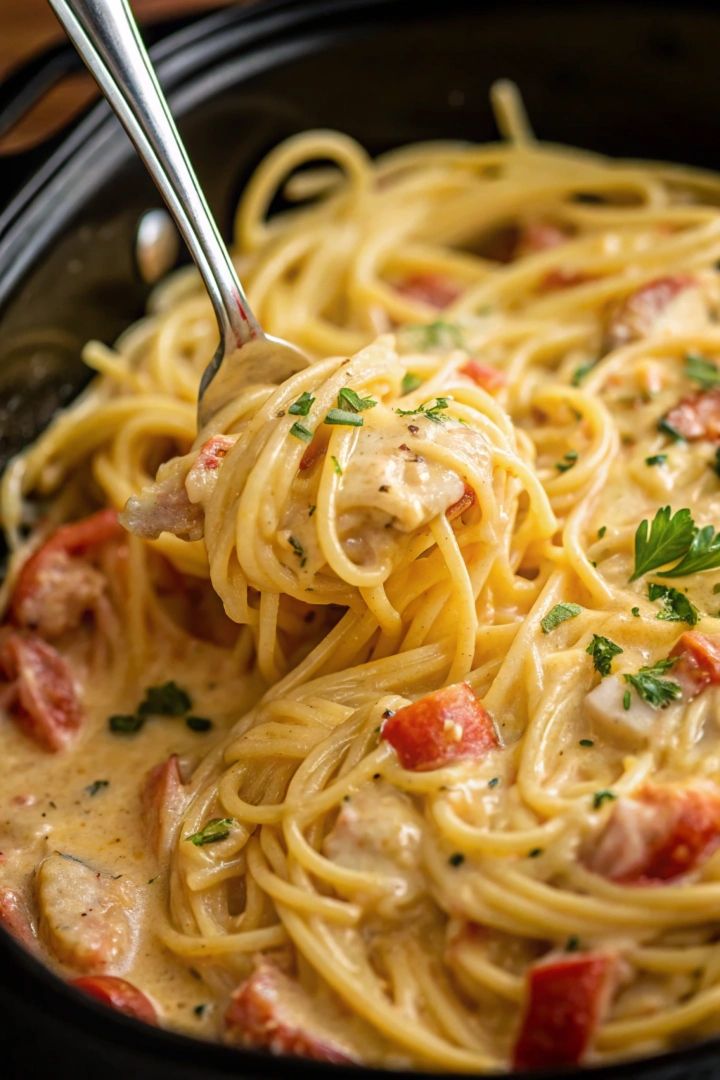 Creamy Crockpot Chicken Spaghetti