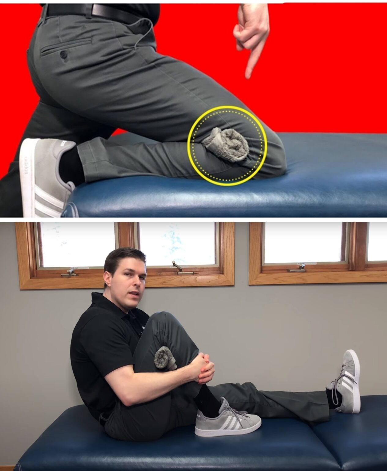 A therapist demonstrates a healing movement technique that heals the knee and relieves pain