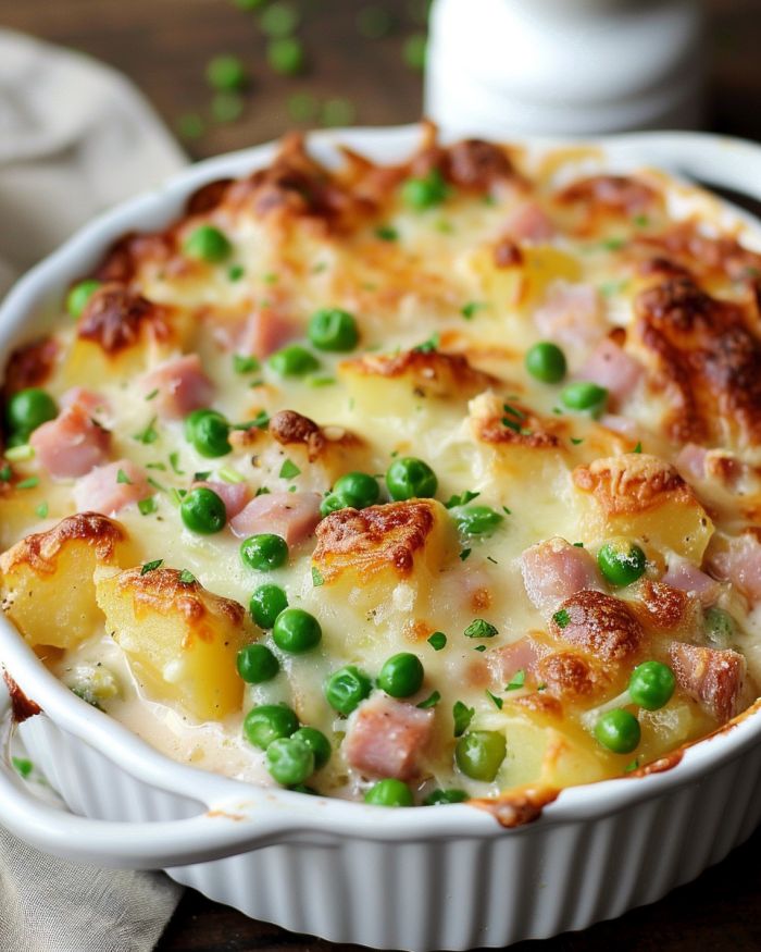 Cheesy Ham and Potato au Gratin with Peas