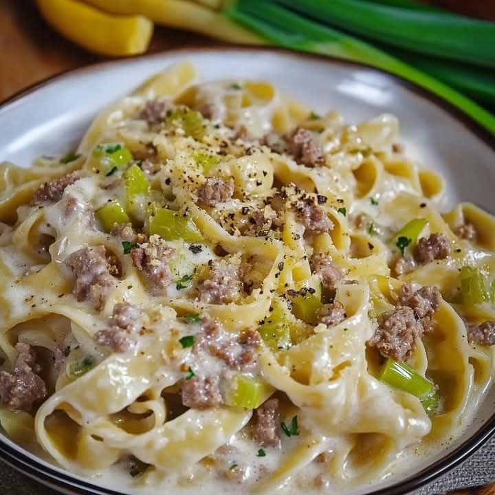 Cheese Leek Pasta with Ground Meat – A Simple Comfort Dish!