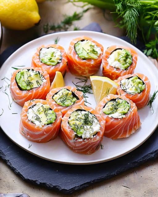 Smoked Salmon Rolls, Creamy Avocado and Fresh Herbs