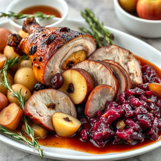 Crispy roast duck with aromatic apple and red cabbage