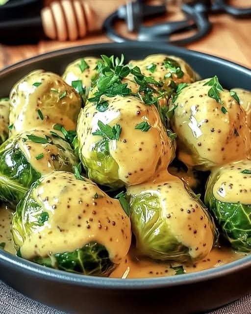 Brussels sprouts in cream cheese and mustard sauce