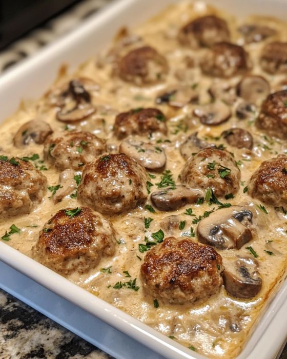 Baked Beef Meatballs in Creamy Mushroom Sauce