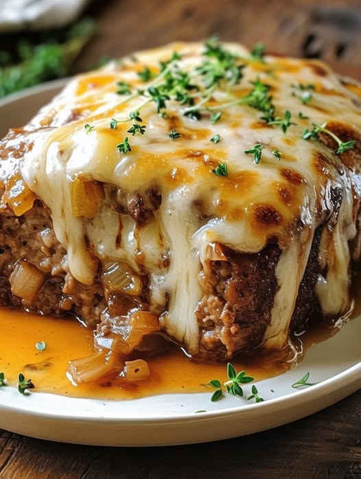 Slow Cooker French Onion Meatloaf with Melted Swiss Cheese