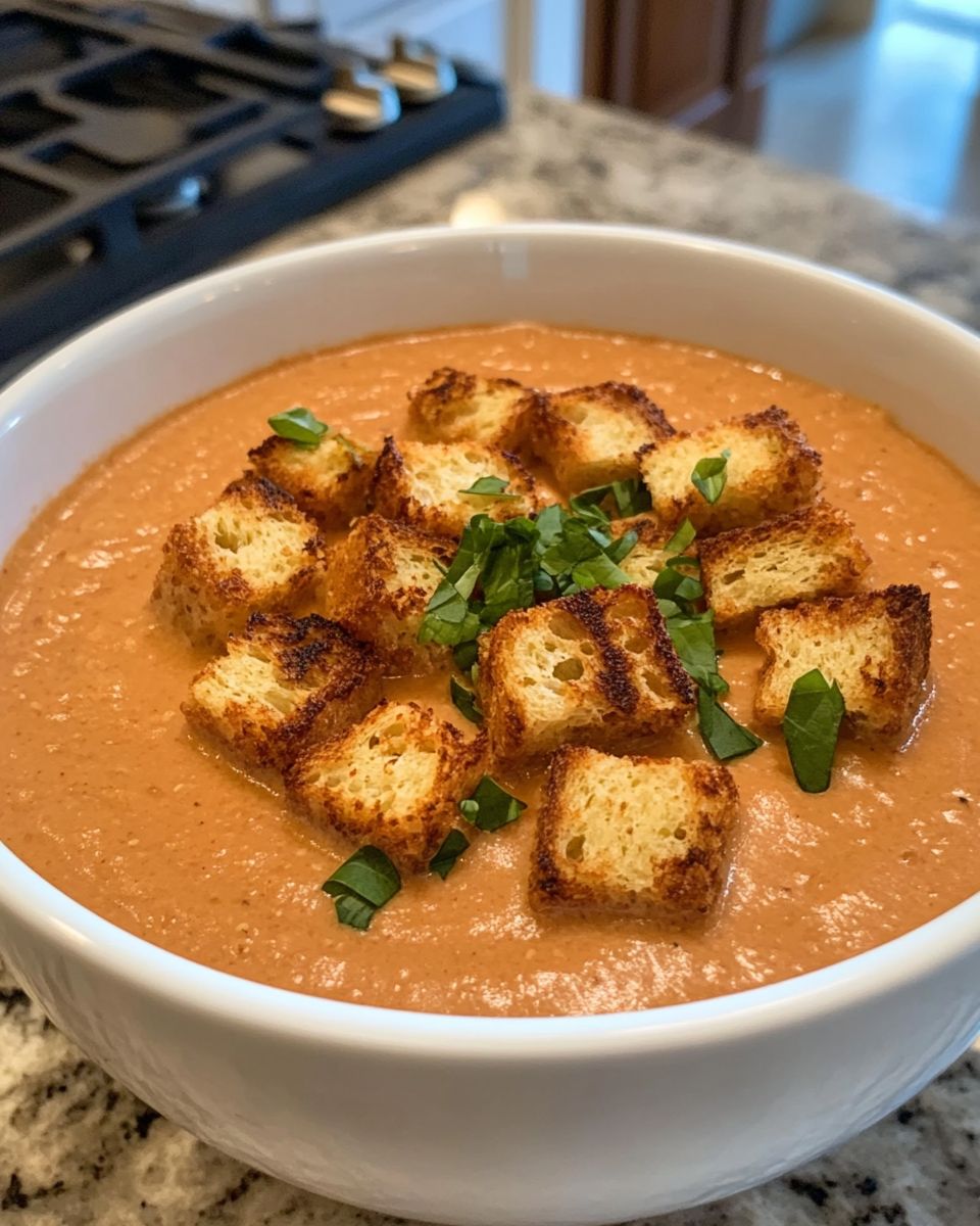 Creamy Tomato Bisque with Grilled Cheese Croutons