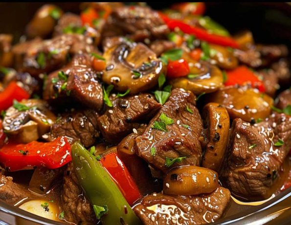 Slow Cooker Pepper Steak with Mushrooms