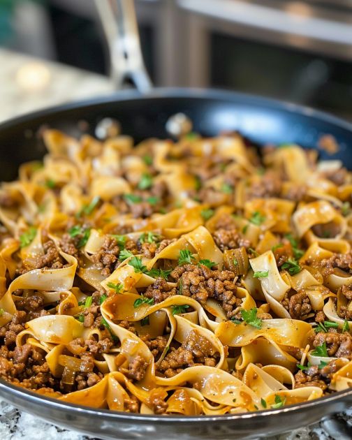 Mongolian Ground Beef and Noodles in Skillet