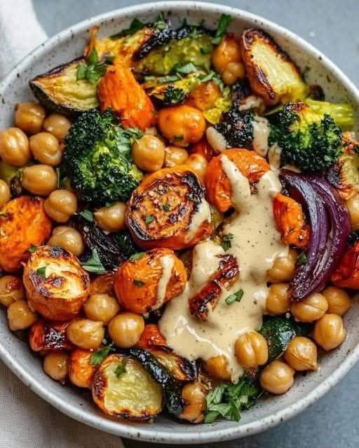 Roasted Veggie & Chickpea Bowls with Maple Dijon Tahini Dressing