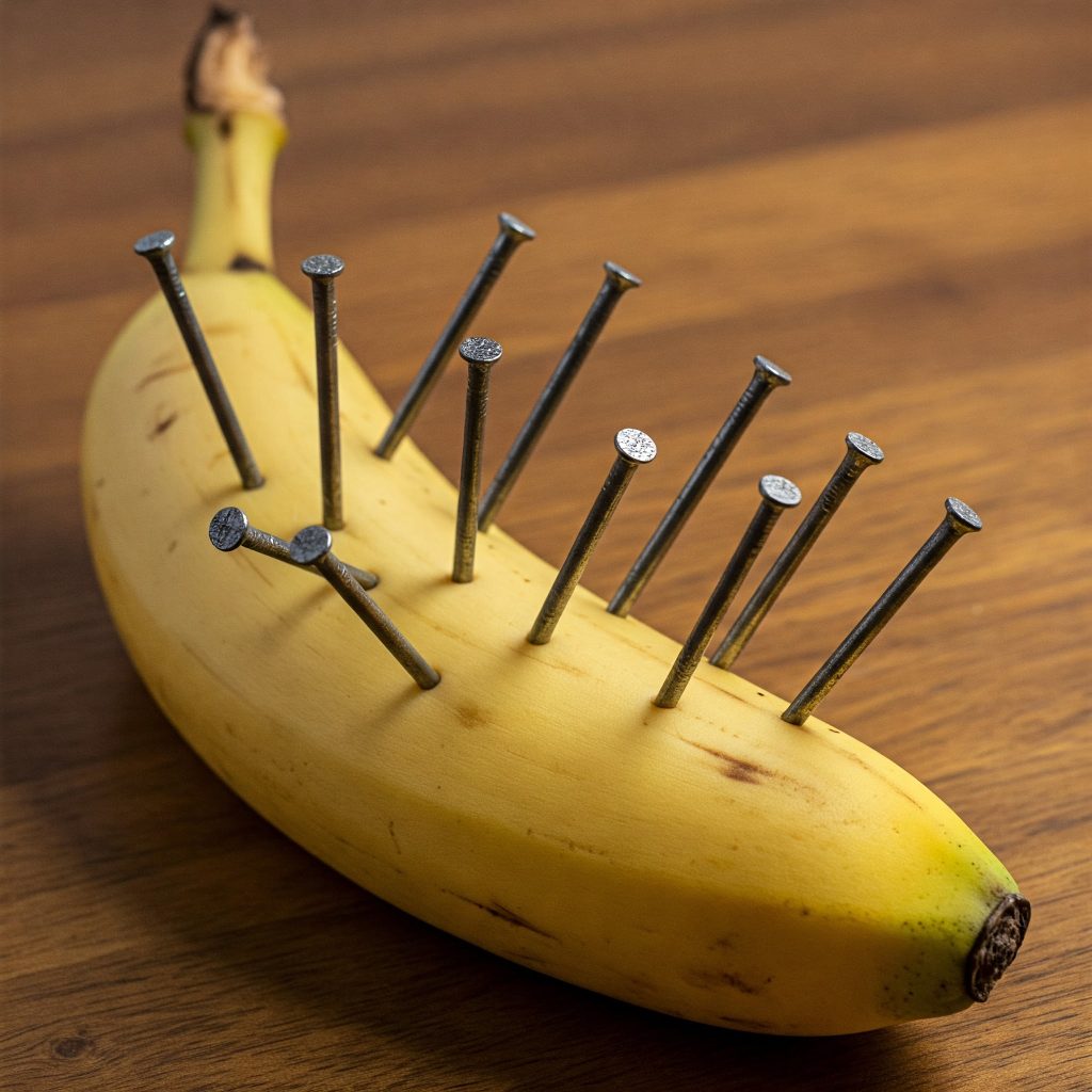 Stick nails into a banana, amazing what happens in just 10 minutes