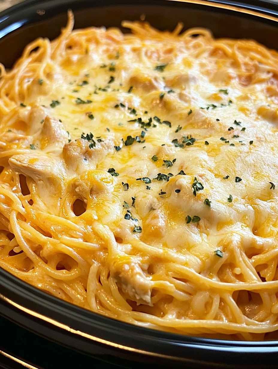 Slow Cooker Amish Cheesy Chicken Spaghetti