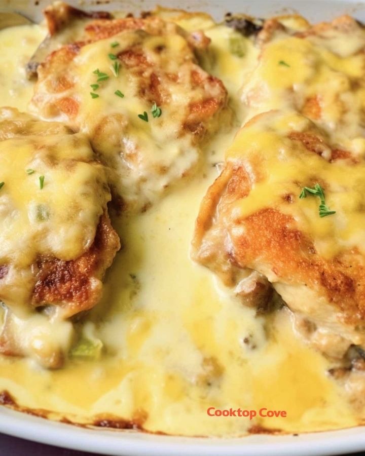 Cheesy Pork Chop Casserole is a delicious and hearty dish that is perfect for weeknight dinners or gatherings with friends and family. This casserole combines tender pork chops with a creamy and cheesy sauce, making it a well-loved comfort food. While the origins of this dish are unclear, its popularity can be attributed to the combination of flavors and the ease of preparation. Now, let’s dive into the recipe and learn how to make this Cheesy Pork Chop Casserole. To serve this mouthwatering Cheesy Pork Chop Casserole, you can pair it with a variety of delicious sides. One classic option is to serve it with a side of steamed vegetables, such as broccoli or carrots, to add some freshness and balance to the meal. Additionally, a side of fluffy mashed potatoes or creamy macaroni and cheese would complement the cheesy flavors of the casserole perfectly. Finish off the meal with a crisp green salad or some crusty bread to round out the dining experience.  Cheesy Pork Chop Casserole
